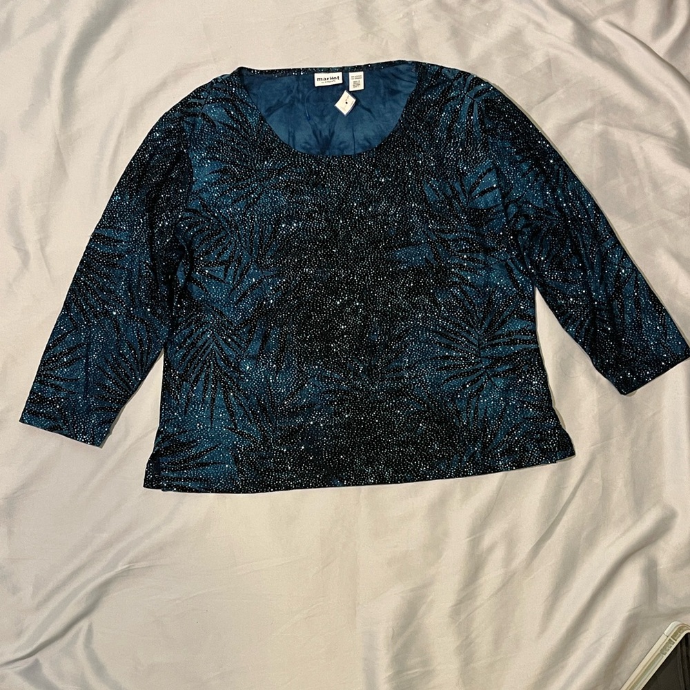 Market by Chico's Shiny  Sparkling Black and Teal Blouse Top Shirt Size Large